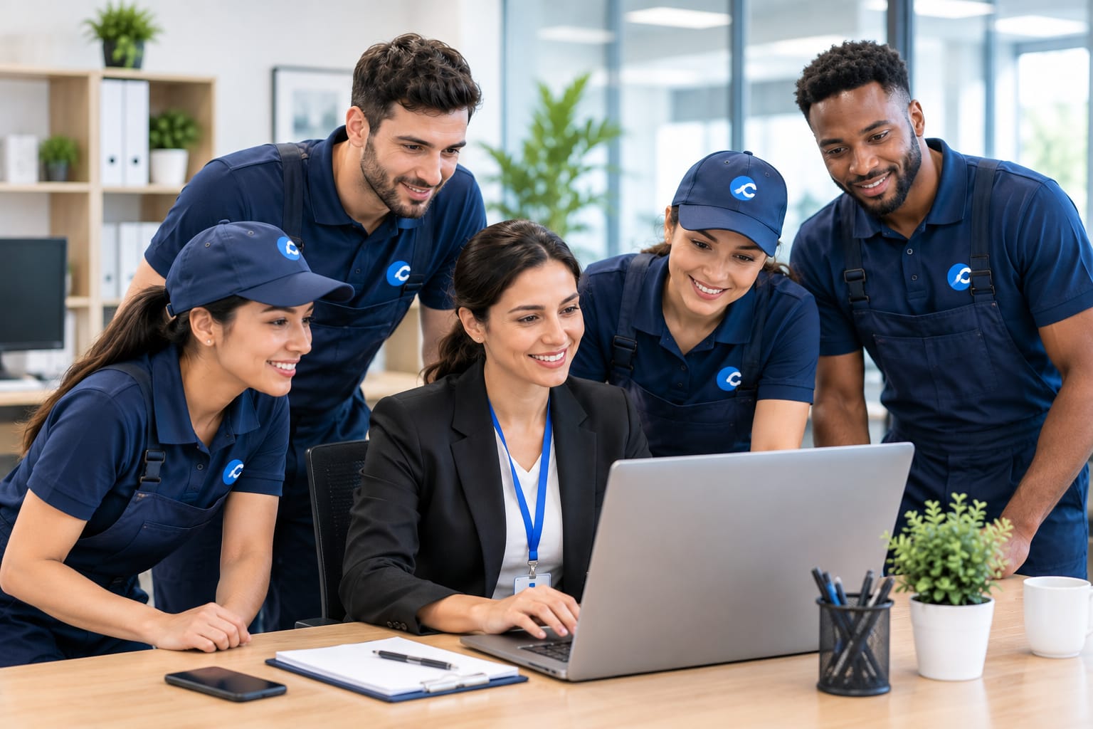 A manager and her cleaning team gathered around a laptop, smiling at what they see on screen