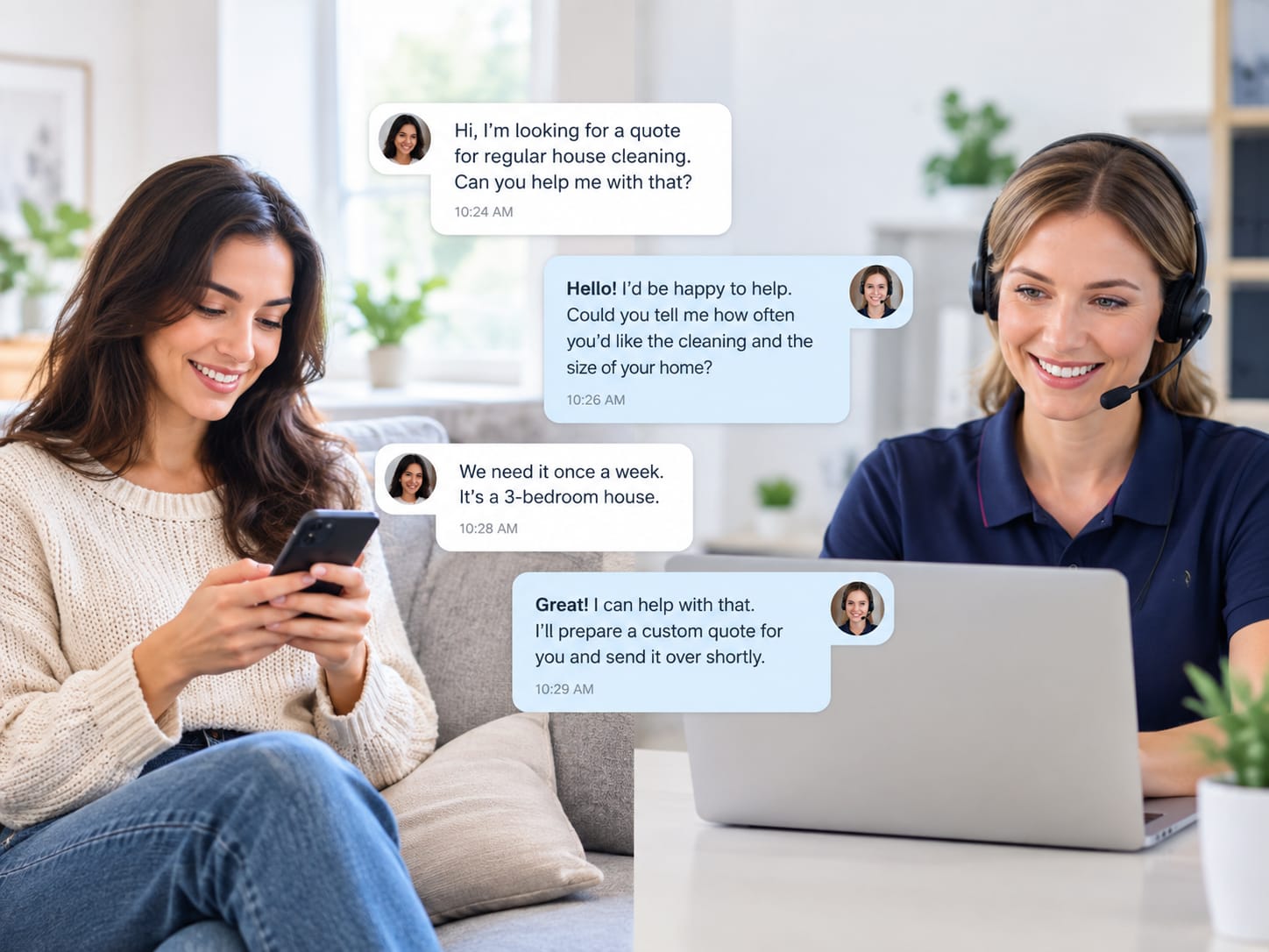 Customer messaging on a phone and a support agent replying on a headset, shown as a chat conversation timeline