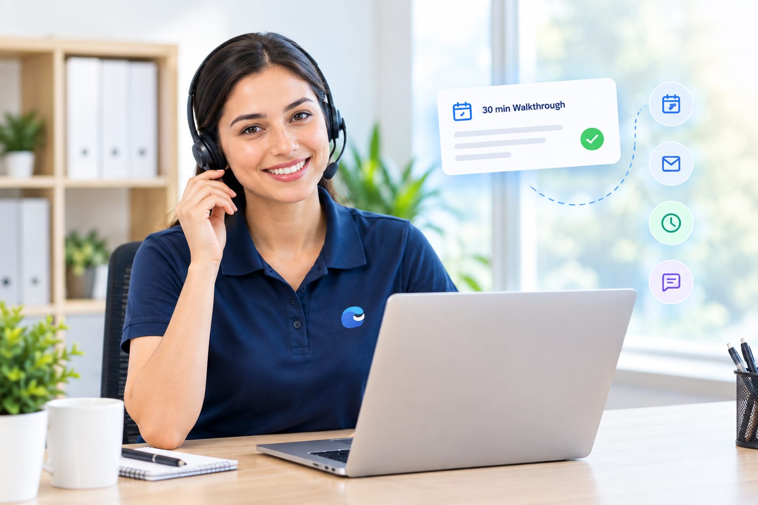 Support person on a headset at a laptop, with a 30-minute walkthrough booking card and follow-up channel icons