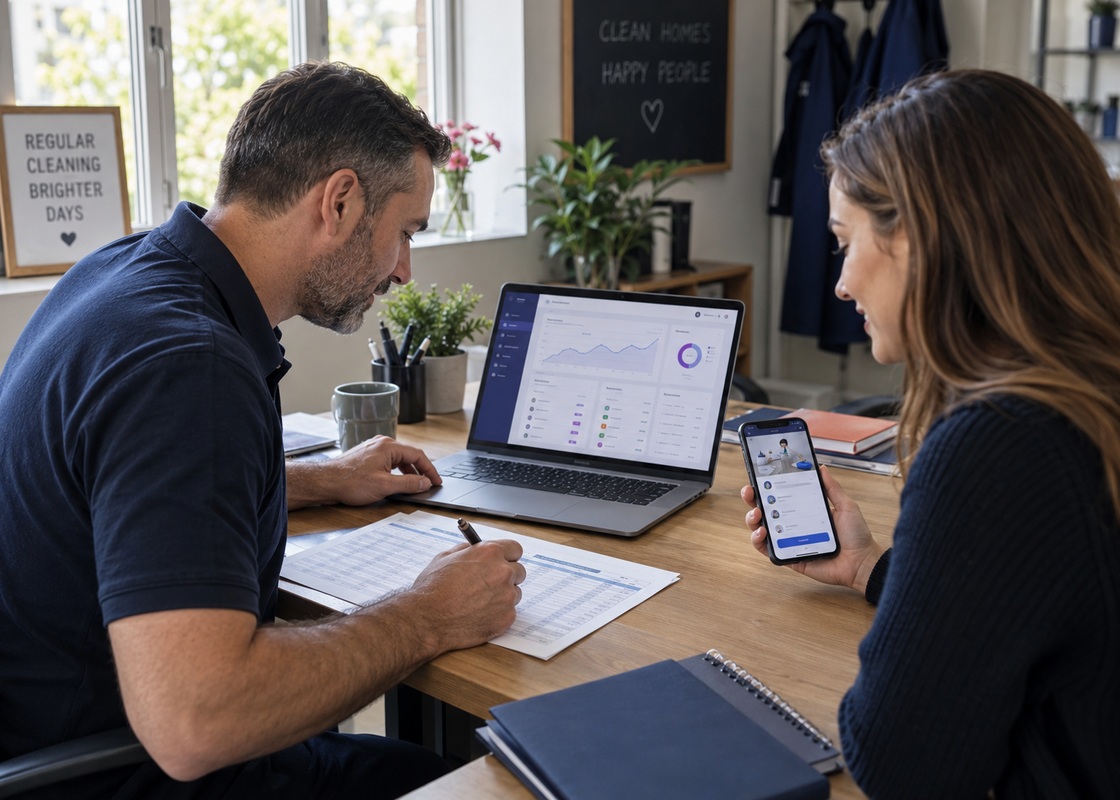 Business owner and admin at a laptop, discussing permissions