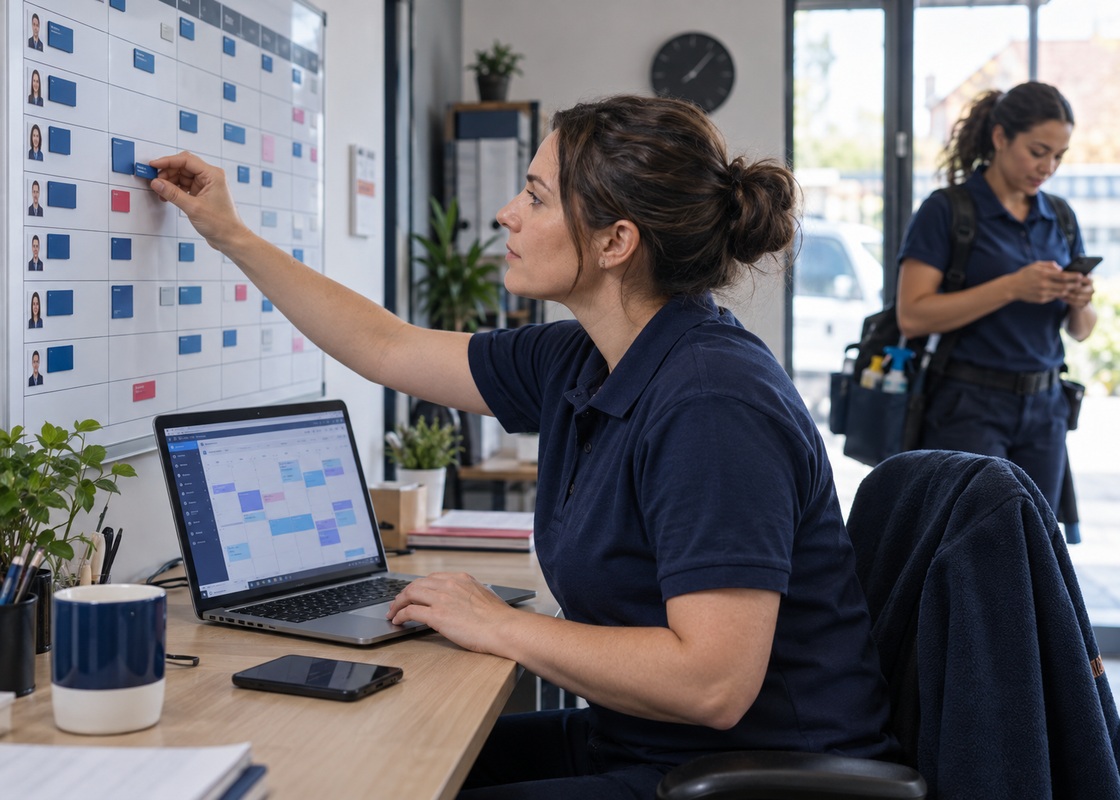 Manager reviewing the day’s jobs on a monitor