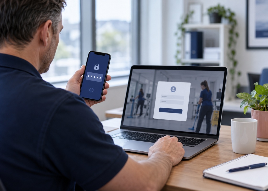 Business owner at a laptop with a phone showing a 2FA code