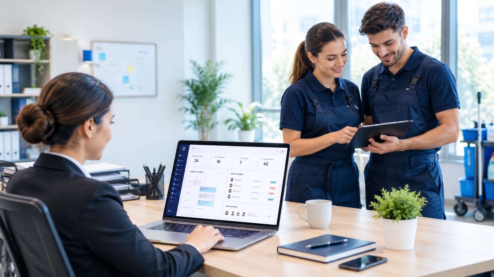 Manager reviewing the dashboard with two cleaners at the desk, leads and job status on screen