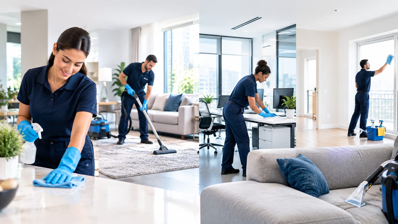 Four-panel collage of cleaners at work across a home countertop, living-room carpet, office desk, and windows