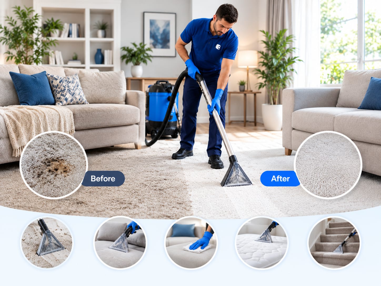 Technician steam-cleaning a living-room carpet, with before/after detail shots and a strip of upholstery and stair cleaning thumbnails