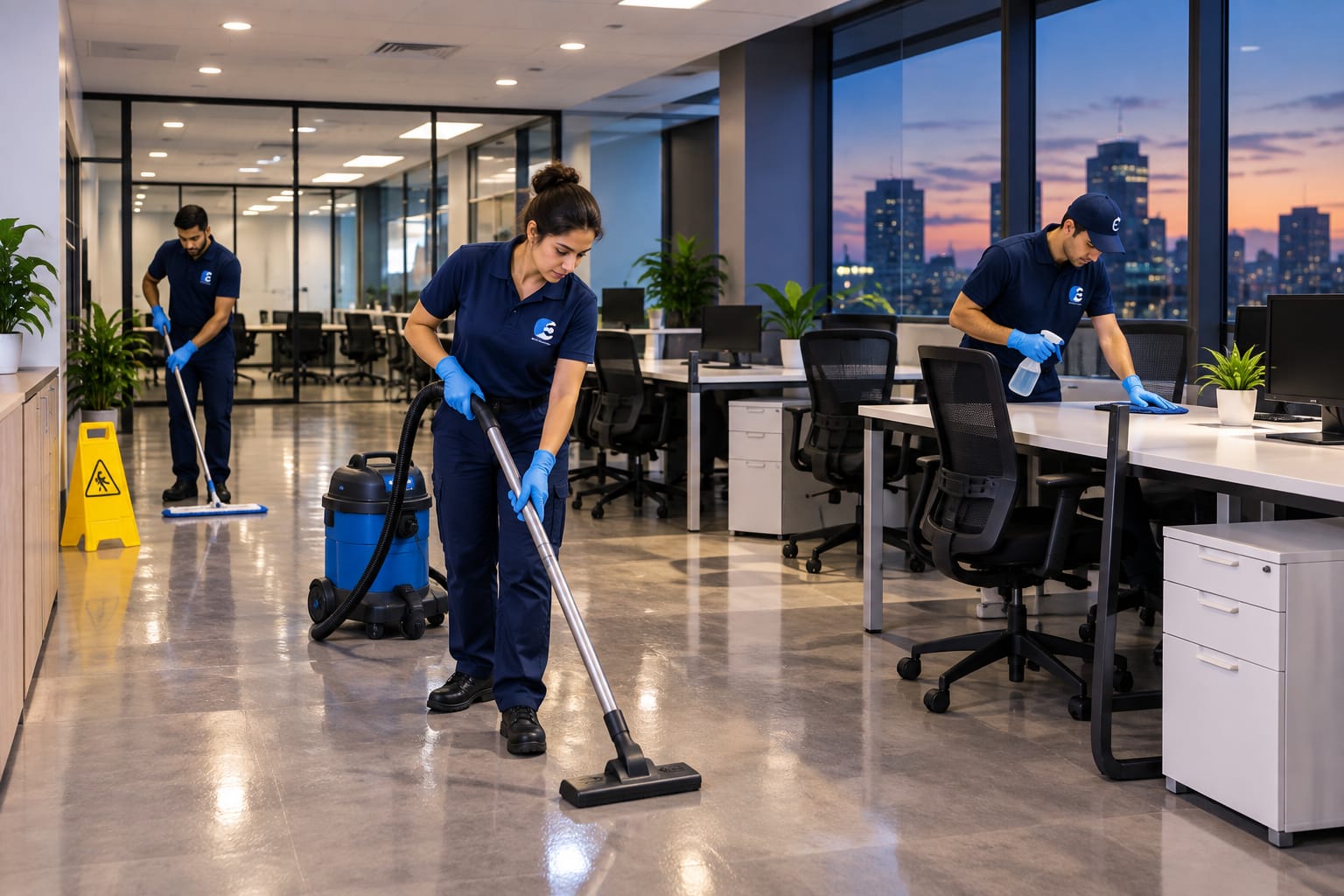 Commercial cleaning team in branded uniforms mopping, vacuuming and wiping desks in a high-rise office at dusk