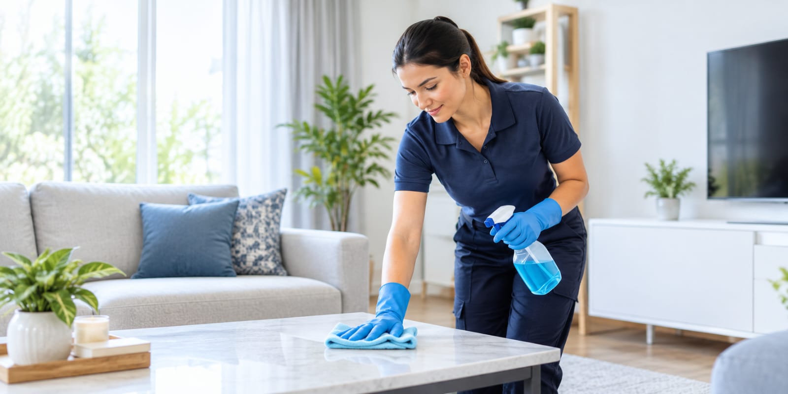 Cleaner in branded polo and gloves wiping a coffee table with spray in a bright living room