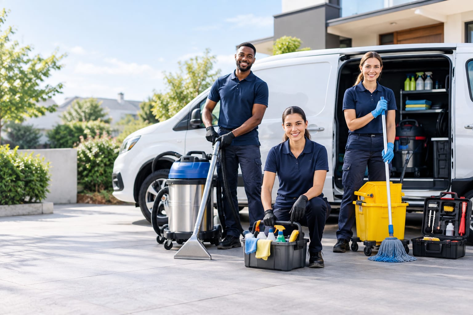 Cleaning team in branded uniforms with a mix of carpet, mopping and cleaning-caddy equipment beside their branded van
