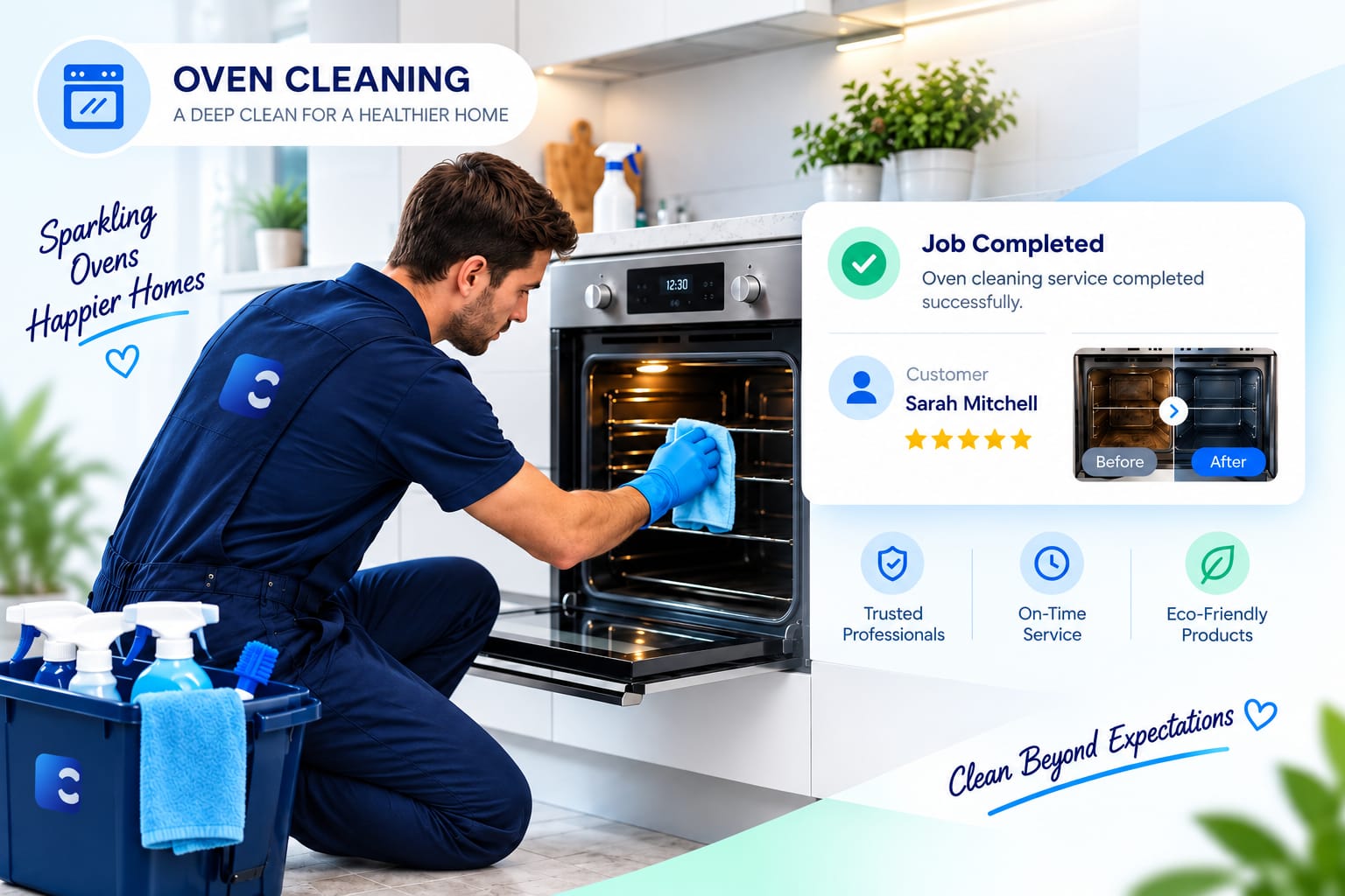 Cleaner in branded overalls and gloves wiping down an open oven in a bright kitchen, with a job-completed card and before/after shot