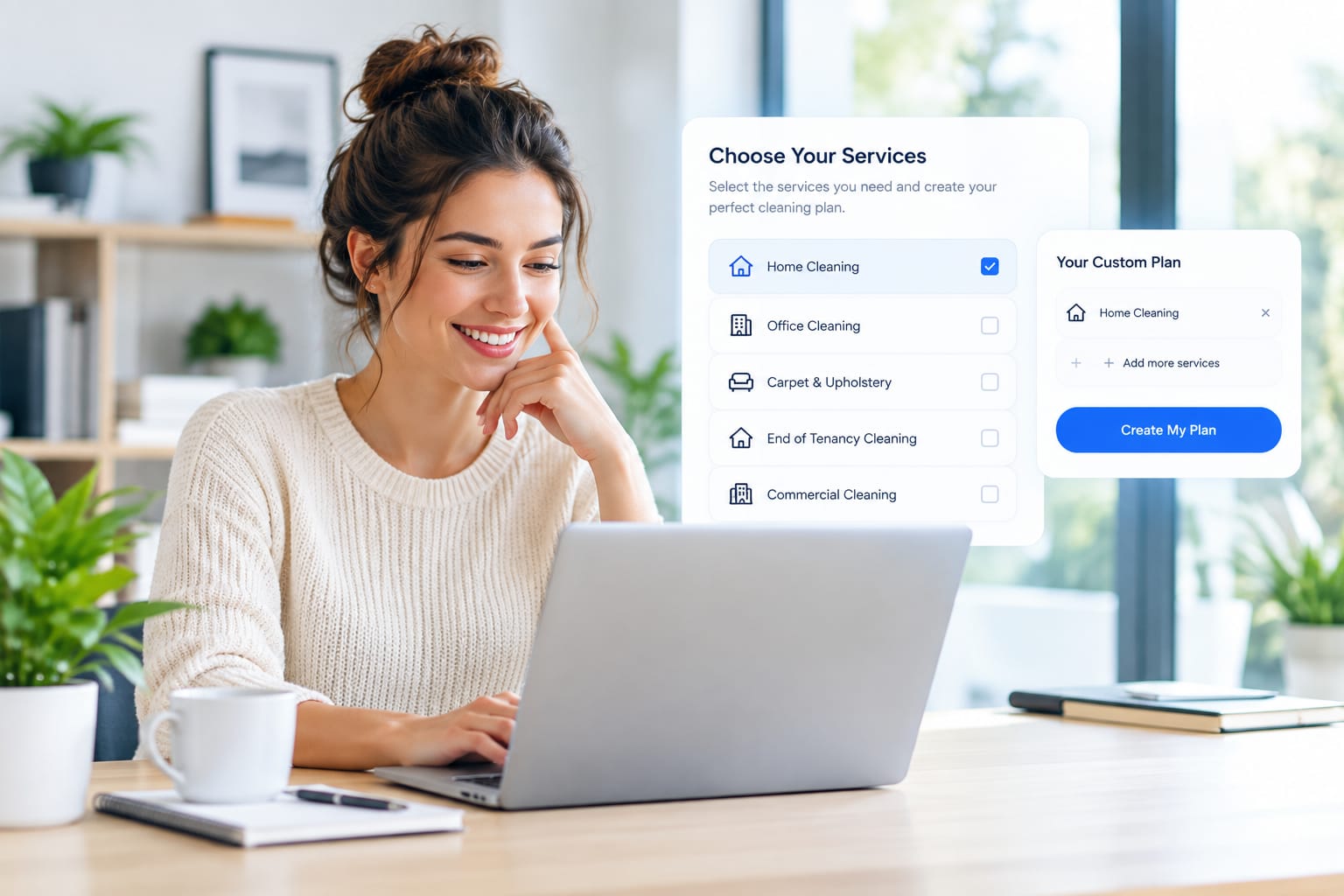 Customer building a custom cleaning plan on a laptop, with a Choose Your Services panel and plan summary overlay